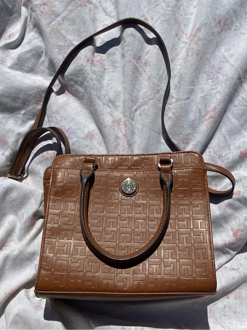 Tommy Hilfiger Brown Embossed Top-Handle Satchel with Crossbody Strap